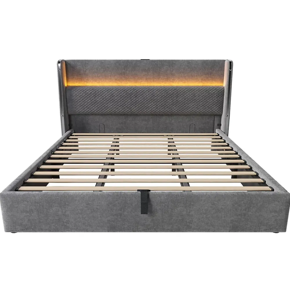 Okwish Lit Coffre 180x200 cm - Lit Double avec Sommier Relevable et Rangement - LED et Ports USB Type-C - Tissu Lin Gris - Sans Matelas* Lit Coffre