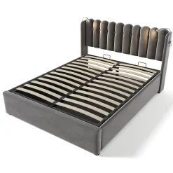 Lit Coffre 160x200 Cm - Lit Double avec Lampe de Lecture et Ports USB - Velours - Sans Matelas - Gris><noscript><img width=