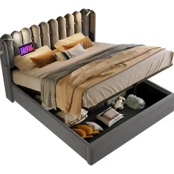 Lit Coffre 160x200 Cm - Lit Double avec Lampe de Lecture et Ports USB - Velours - Sans Matelas - Gris><noscript><img width=