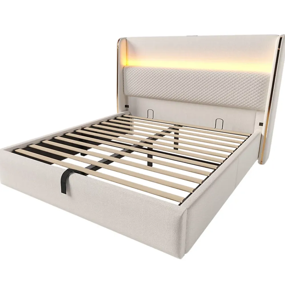 Okwish Lit Coffre 140x200 cm - Lit Double avec Sommier Relevable et Rangement - Ports USB Type-C - Tissu Lin Beige - Sans Matelas* Lit Coffre