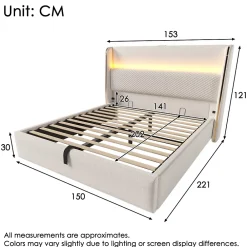 Okwish Lit Coffre 140x200 cm - Lit Double avec Sommier Relevable et Rangement - Ports USB Type-C - Tissu Lin Beige - Sans Matelas* Lit Coffre