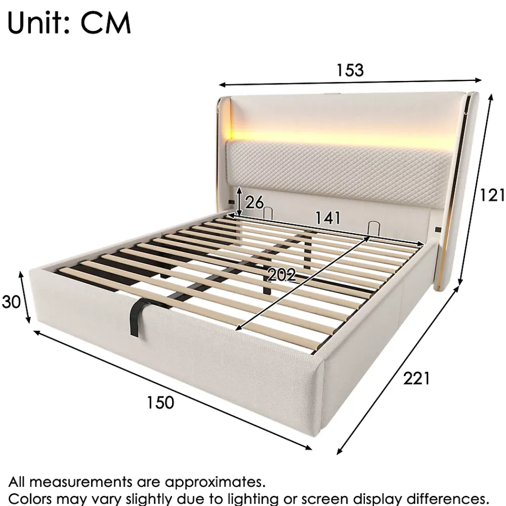 Okwish Lit Coffre 140x200 cm - Lit Double avec Sommier Relevable et Rangement - Ports USB Type-C - Tissu Lin Beige - Sans Matelas* Lit Coffre