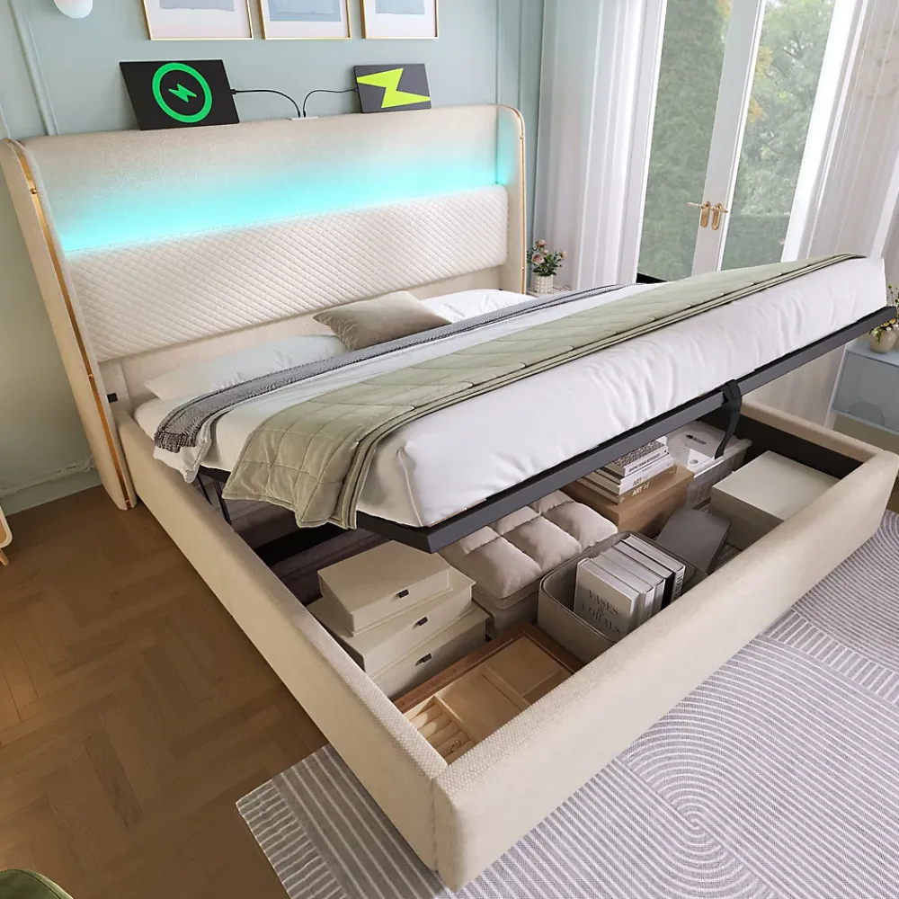 Okwish Lit Coffre 140x200 cm - Lit Double avec Sommier Relevable et Rangement - Ports USB Type-C - Tissu Lin Beige - Sans Matelas* Lit Coffre