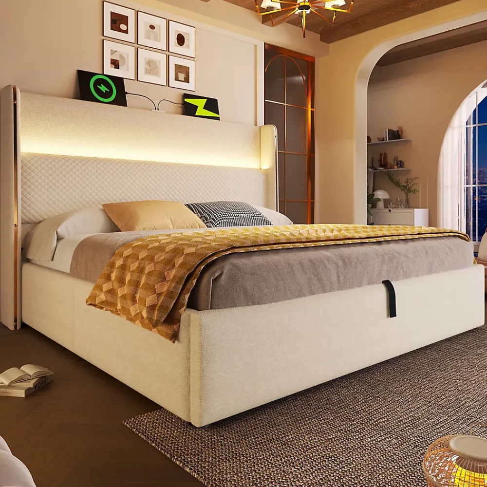 Okwish Lit Coffre 140x200 cm - Lit Double avec Sommier Relevable et Rangement - Ports USB Type-C - Tissu Lin Beige - Sans Matelas* Lit Coffre