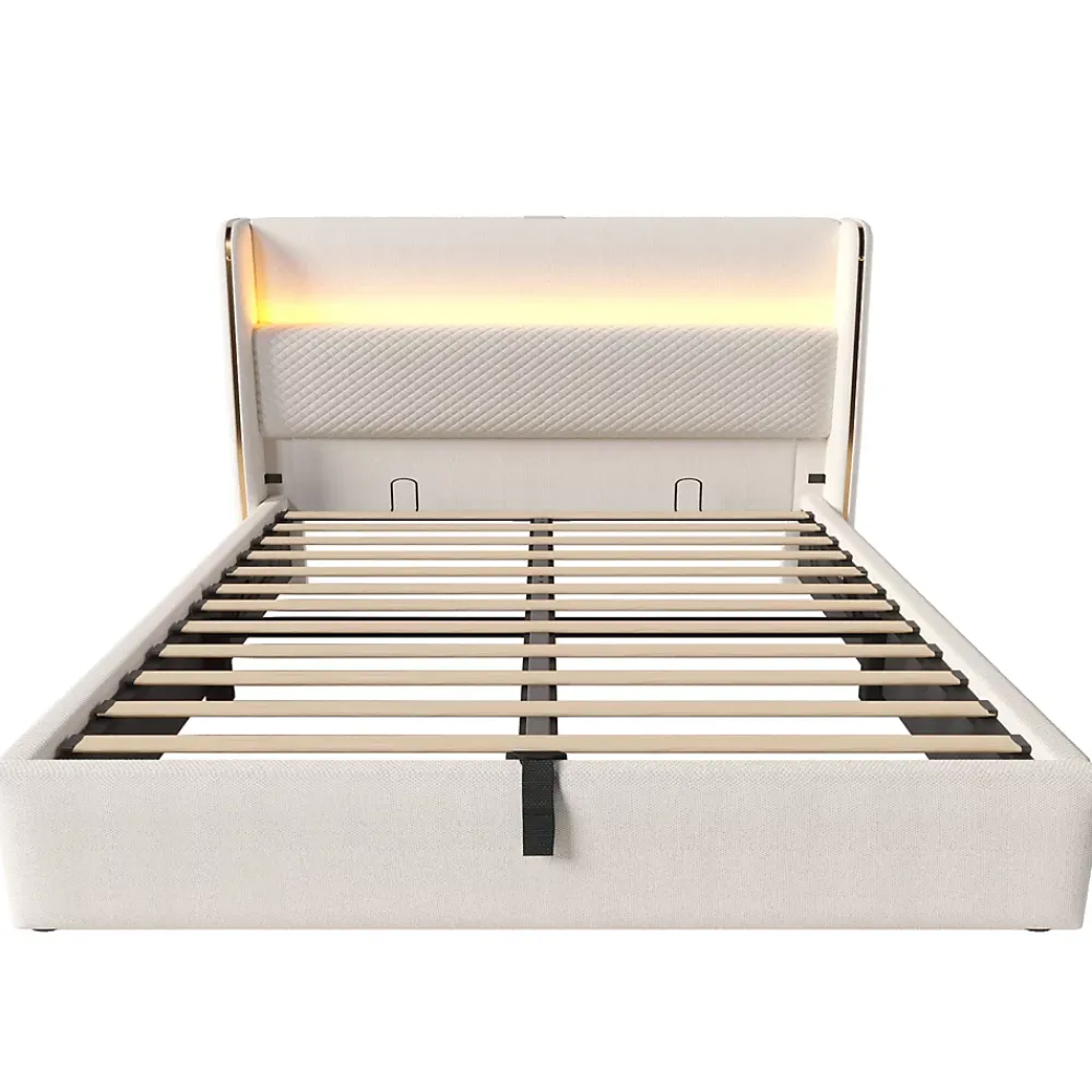 Okwish Lit Coffre 140x200 cm - Lit Double avec Sommier Relevable et Rangement - Ports USB Type-C - Tissu Lin Beige - Sans Matelas* Lit Coffre