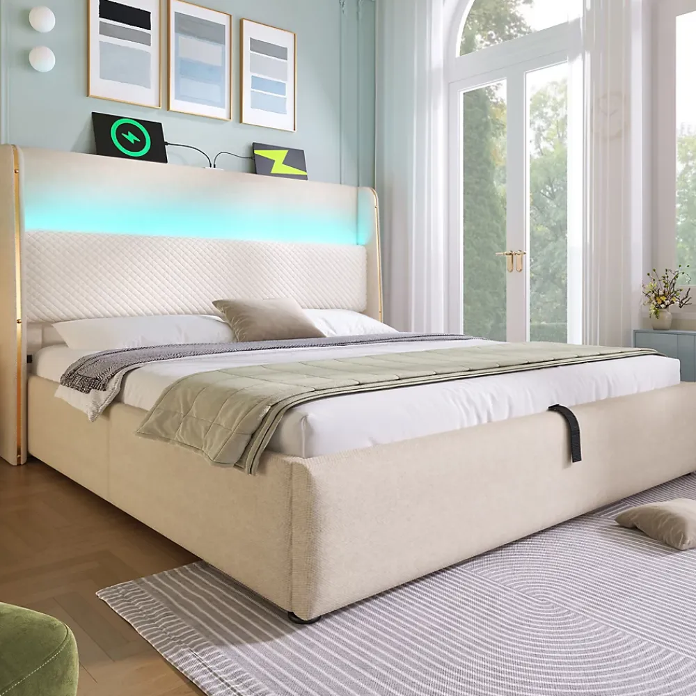 Okwish Lit Coffre 140x200 cm - Lit Double avec Sommier Relevable et Rangement - Ports USB Type-C - Tissu Lin Beige - Sans Matelas* Lit Coffre