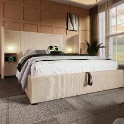Okwish Lit coffre 180x200 cm - Lit double capitonné avec table de chevet et lampe de lecture - Velours côtelé - Sans Matelas - Beige* Lit Coffre