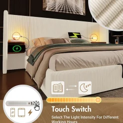 Okwish Lit coffre 180x200 cm - Lit double capitonné avec table de chevet et lampe de lecture - Velours côtelé - Sans Matelas - Beige* Lit Coffre