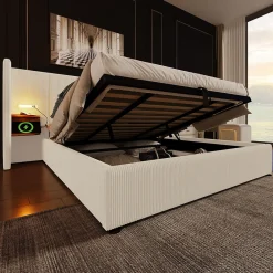 Okwish Lit coffre 180x200 cm - Lit double capitonné avec table de chevet et lampe de lecture - Velours côtelé - Sans Matelas - Beige* Lit Coffre