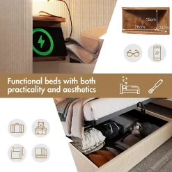 Okwish Lit coffre 180x200 cm - Lit double capitonné avec table de chevet et lampe de lecture - Velours côtelé - Sans Matelas - Beige* Lit Coffre