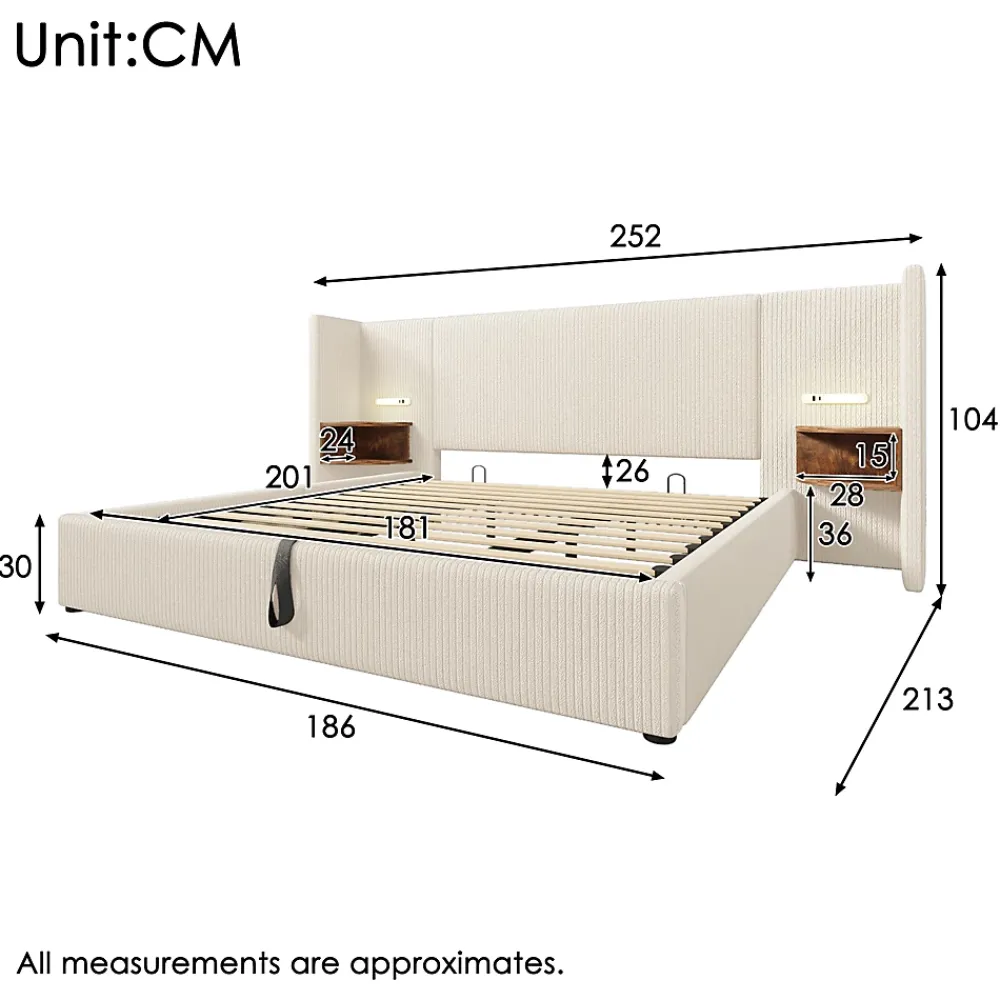 Okwish Lit coffre 180x200 cm - Lit double capitonné avec table de chevet et lampe de lecture - Velours côtelé - Sans Matelas - Beige* Lit Coffre