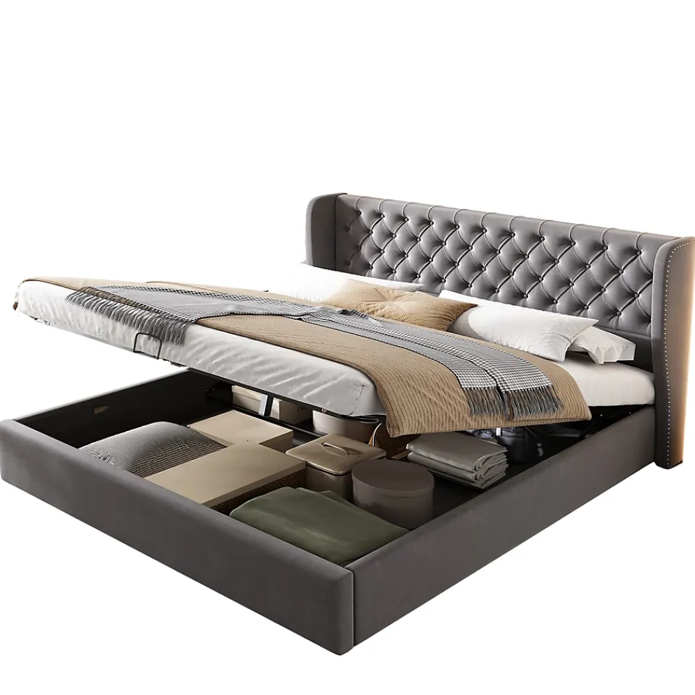 Generique Lit coffre 160x200 cm - Lit double avec sommier à lattes et coffre hydraulique - Velours - Sans Matelas - Gris* Lit Coffre