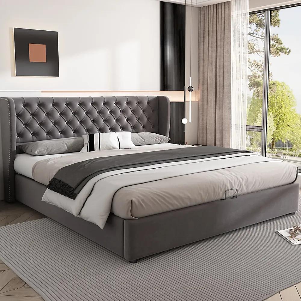 Generique Lit coffre 160x200 cm - Lit double avec sommier à lattes et coffre hydraulique - Velours - Sans Matelas - Gris* Lit Coffre