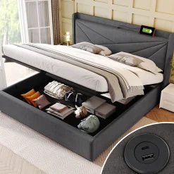 Lit Coffre 160x200 Cm - Lit Double avec Sommier à Lattes et Port USB - Coton Bois Métal - Sans Matelas - Gris>Okwish Clearance