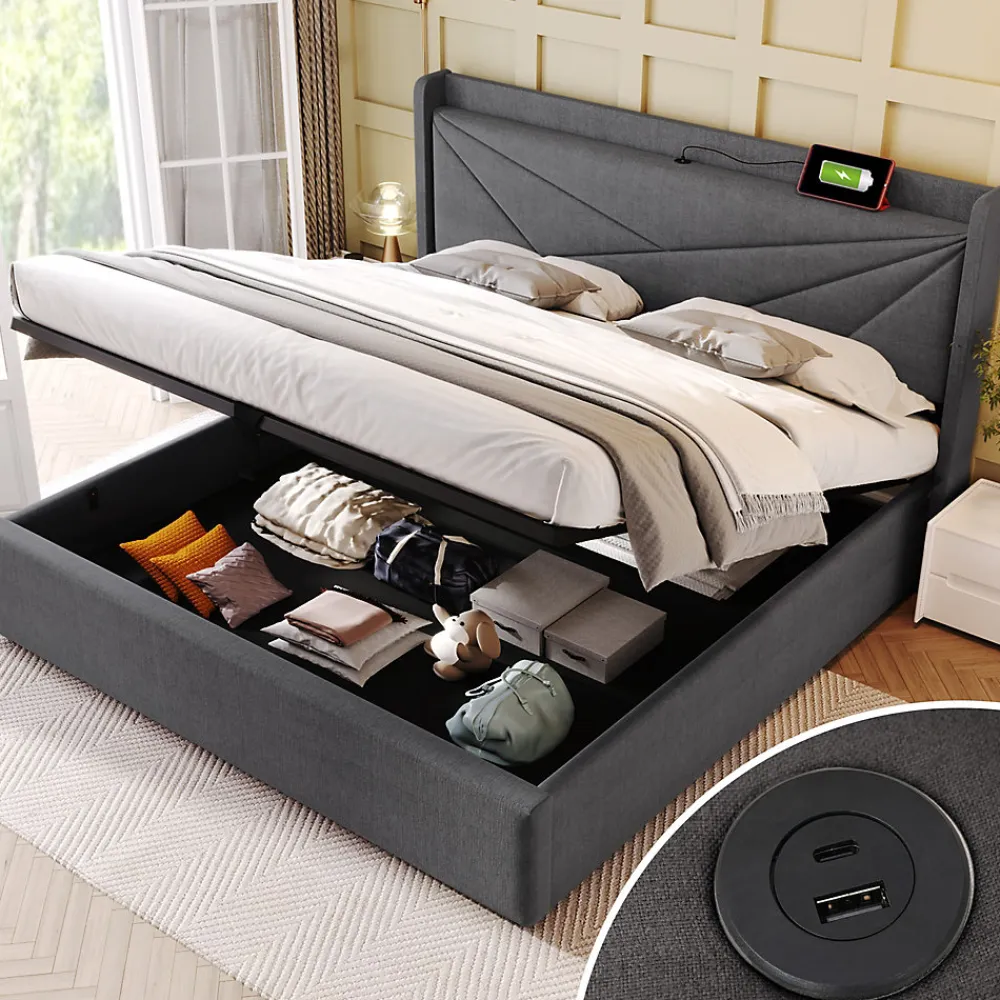 Lit Coffre 160x200 Cm - Lit Double avec Sommier à Lattes et Port USB - Coton Bois Métal - Sans Matelas - Gris>Okwish Clearance