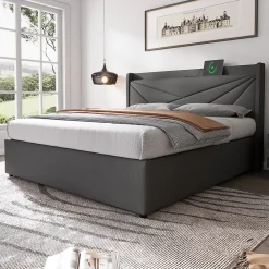 Lit Coffre 160x200 Cm - Lit Double avec Sommier à Lattes et Port USB - Coton Bois Métal - Sans Matelas - Gris>Okwish Clearance