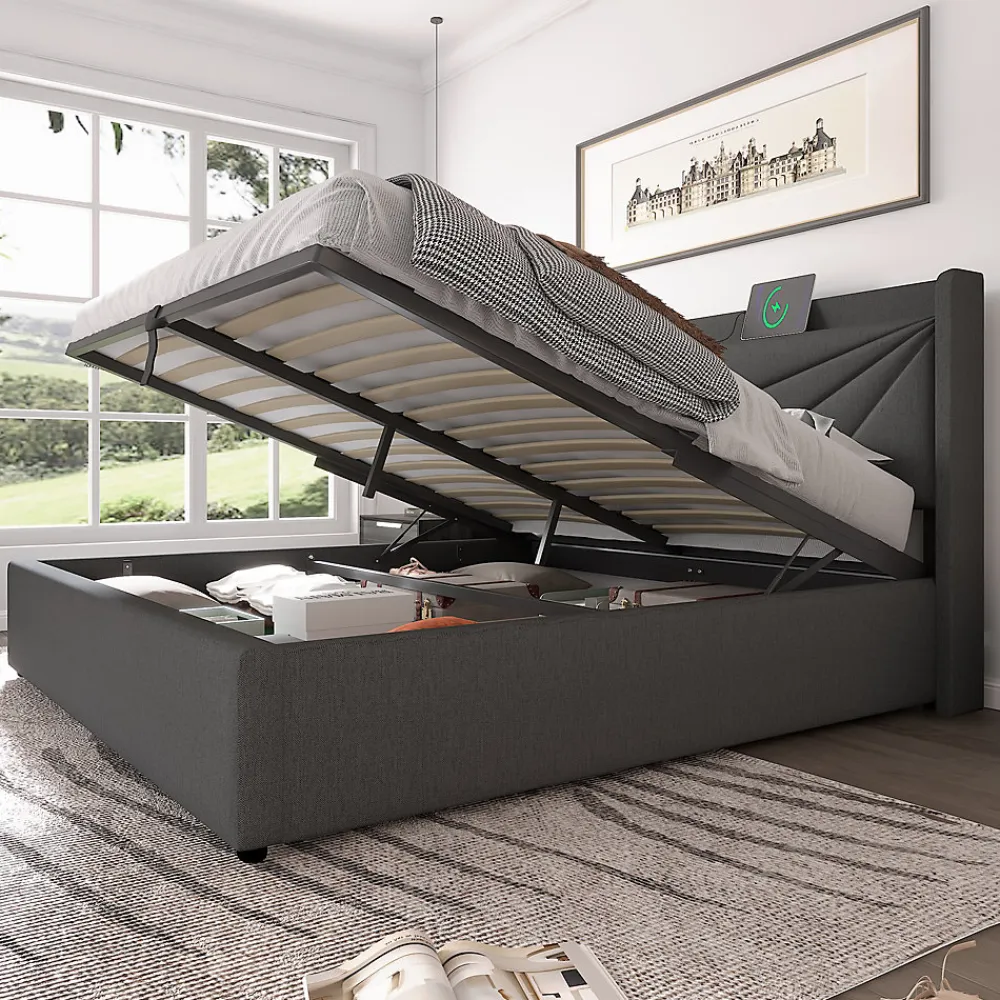 Lit Coffre 160x200 Cm - Lit Double avec Sommier à Lattes et Port USB - Coton Bois Métal - Sans Matelas - Gris>Okwish Clearance