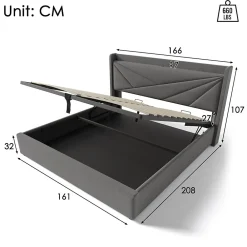 Lit Coffre 160x200 Cm - Lit Double avec Sommier à Lattes et Port USB - Coton Bois Métal - Sans Matelas - Gris><noscript><img width=