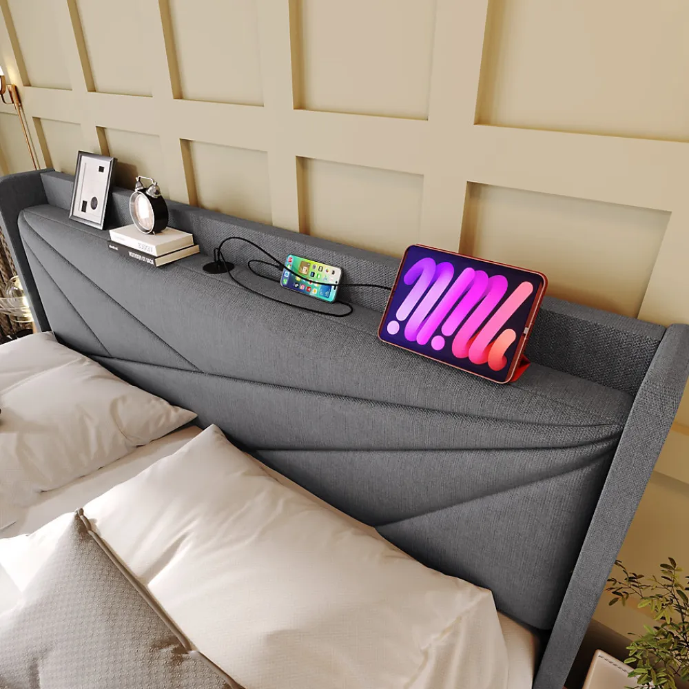 Lit Coffre 160x200 Cm - Lit Double avec Sommier à Lattes et Port USB - Coton Bois Métal - Sans Matelas - Gris>Okwish Clearance