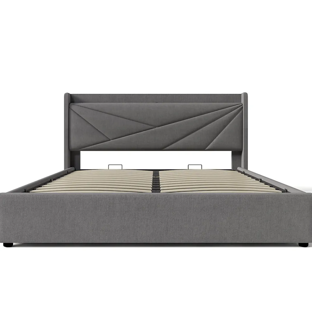 Lit Coffre 160x200 Cm - Lit Double avec Sommier à Lattes et Port USB - Coton Bois Métal - Sans Matelas - Gris>Okwish Clearance