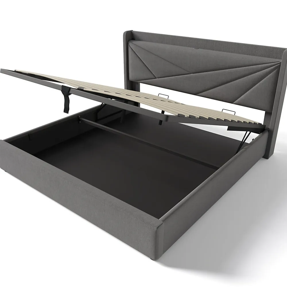 Lit Coffre 160x200 Cm - Lit Double avec Sommier à Lattes et Port USB - Coton Bois Métal - Sans Matelas - Gris>Okwish Clearance