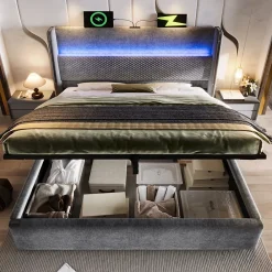 Okwish Lit Coffre 160x200 cm - Lit Double avec Sommier Relevable et Rangement - LED et Ports USB Type-C - Tissu Lin Gris - Sans Matelas* Lit Coffre