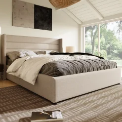 Lit coffre 160x200 cm - Lit double rembourré Beige avec sommier à lattes - Lin - Sans Matelas>Okwish Best