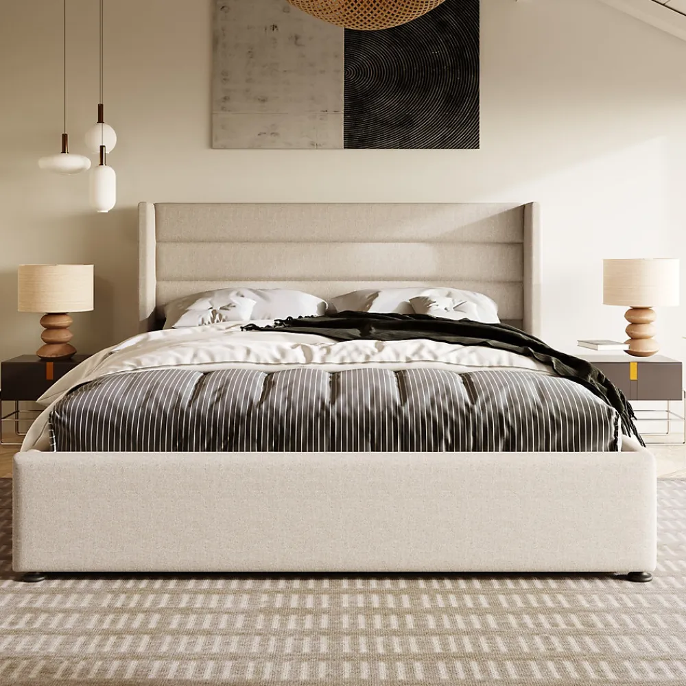 Lit coffre 160x200 cm - Lit double rembourré Beige avec sommier à lattes - Lin - Sans Matelas>Okwish Best