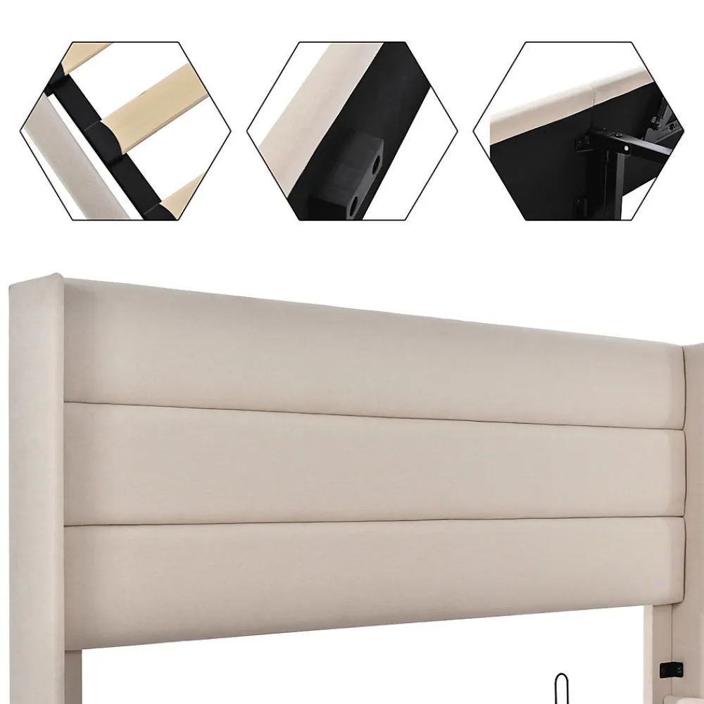 Lit coffre 160x200 cm - Lit double rembourré Beige avec sommier à lattes - Lin - Sans Matelas>Okwish Best