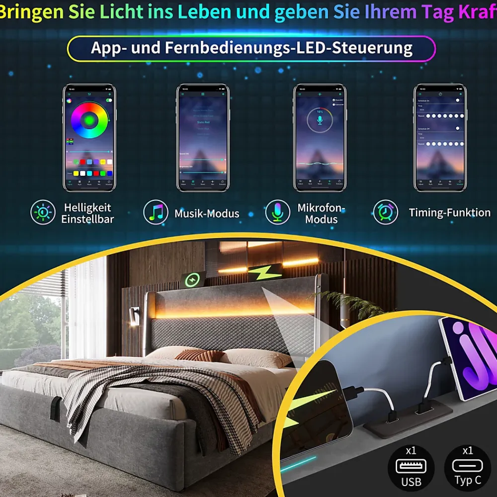 Okwish Lit Coffre 140x200 cm - Lit Double avec Sommier Relevable et Rangement - LED et Ports USB Type-C - Tissu Lin Gris - Sans Matelas* Lit Coffre