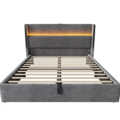 Okwish Lit Coffre 140x200 cm - Lit Double avec Sommier Relevable et Rangement - LED et Ports USB Type-C - Tissu Lin Gris - Sans Matelas* Lit Coffre