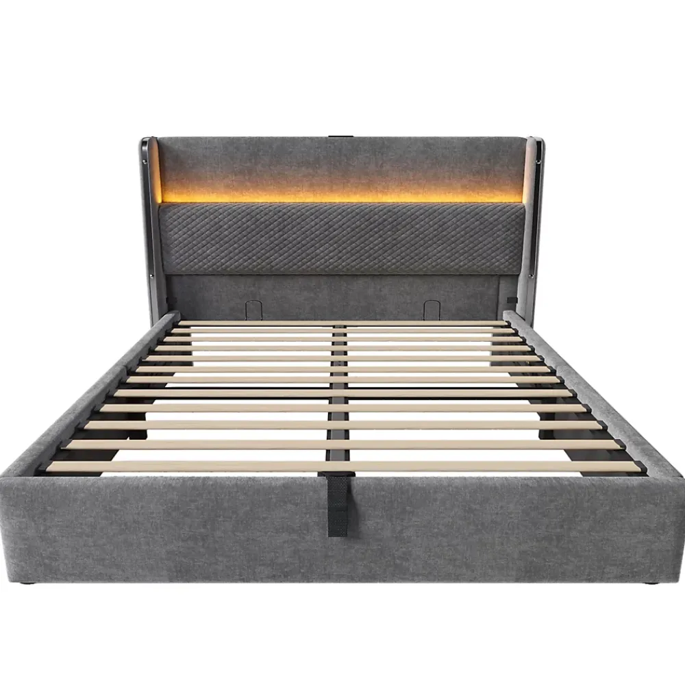 Okwish Lit Coffre 140x200 cm - Lit Double avec Sommier Relevable et Rangement - LED et Ports USB Type-C - Tissu Lin Gris - Sans Matelas* Lit Coffre