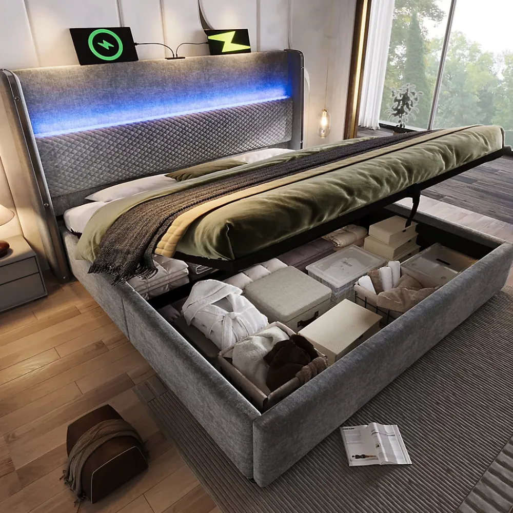 Okwish Lit Coffre 140x200 cm - Lit Double avec Sommier Relevable et Rangement - LED et Ports USB Type-C - Tissu Lin Gris - Sans Matelas* Lit Coffre
