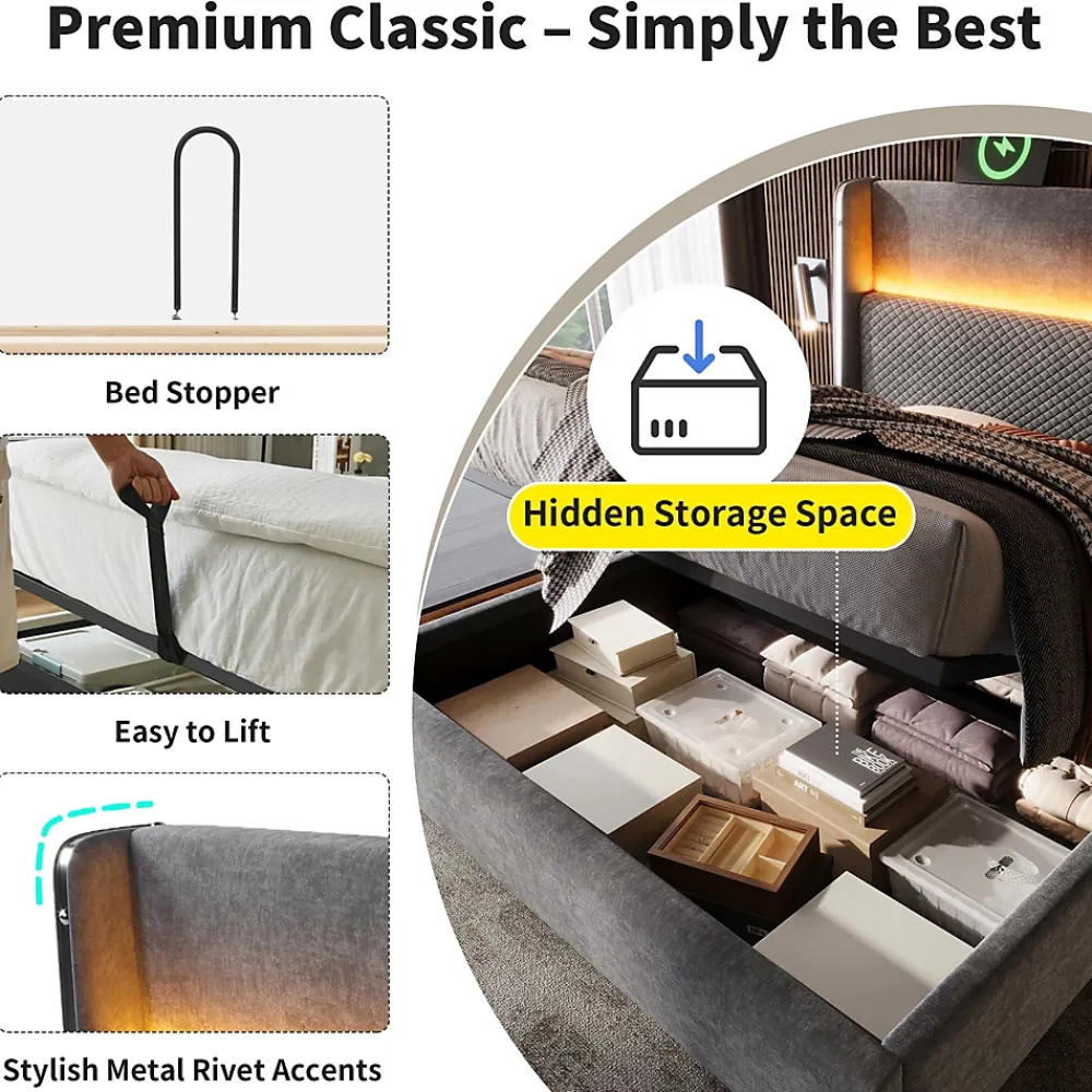 Okwish Lit Coffre 140x200 cm - Lit Double avec Sommier Relevable et Rangement - LED et Ports USB Type-C - Tissu Lin Gris - Sans Matelas* Lit Coffre