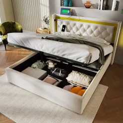 Lit coffre 160x200 cm - Lit double avec USB Type C et LED - Coton - avec Matelas - Beige><noscript><img width=