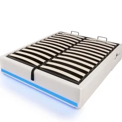 Okwish Lit Coffre 140x200 cm - Lit Double avec Poches de Rangement - Lin + MDF - Sans Matelas - Beige* Lit Coffre