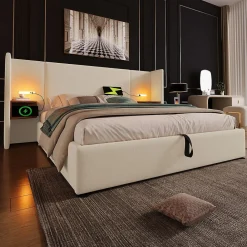 Lit coffre 160x200 cm - Lit double capitonné avec table de chevet et lampe de lecture - Lin - Sans Matelas - Beige>Okwish Outlet