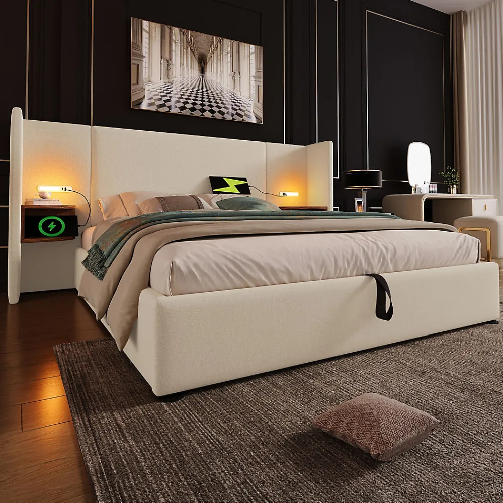 Lit coffre 160x200 cm - Lit double capitonné avec table de chevet et lampe de lecture - Lin - Sans Matelas - Beige>Okwish Outlet