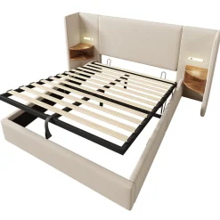 Lit coffre 160x200 cm - Lit double capitonné avec table de chevet et lampe de lecture - Lin - Sans Matelas - Beige><noscript><img width=