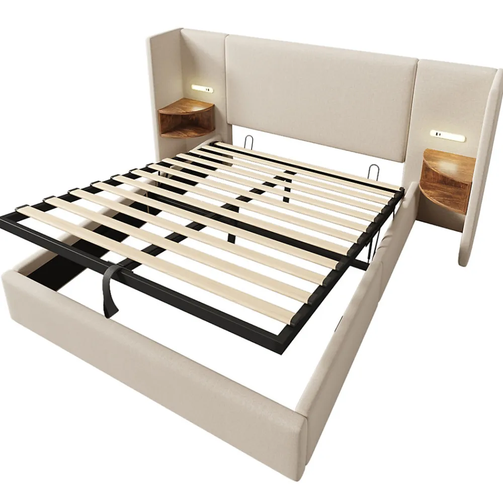 Lit coffre 160x200 cm - Lit double capitonné avec table de chevet et lampe de lecture - Lin - Sans Matelas - Beige>Okwish Outlet
