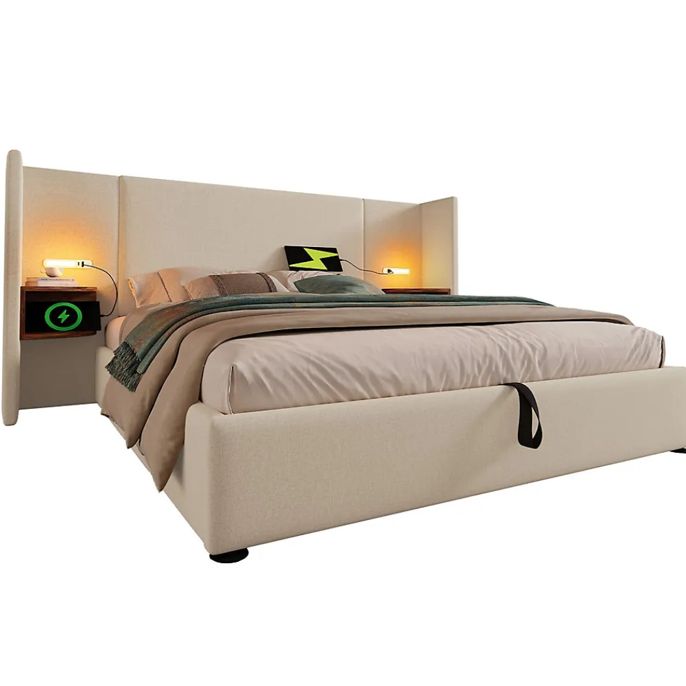 Lit coffre 160x200 cm - Lit double capitonné avec table de chevet et lampe de lecture - Lin - Sans Matelas - Beige>Okwish Outlet