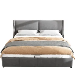 Lit coffre 160x200 cm - Lit double capitonné avec tête de lit oreille - Velours - Sans Matelas - Gris><noscript><img width=