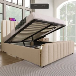 Lit coffre 140x200 cm - Lit double avec fonction de chargement USB Type-C - Lin - avec Matelas - Beige><noscript><img width=