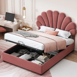 Lit coffre 140x200 cm - Lit double avec tête de lit fleur réglable - Velours + Métal + MDF - Sans matelas - Rose>Okwish Online