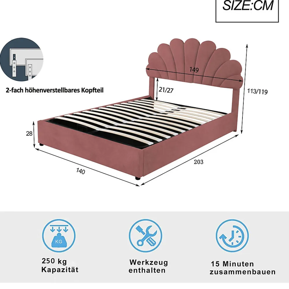 Lit coffre 140x200 cm - Lit double avec tête de lit fleur réglable - Velours + Métal + MDF - Sans matelas - Rose>Okwish Online
