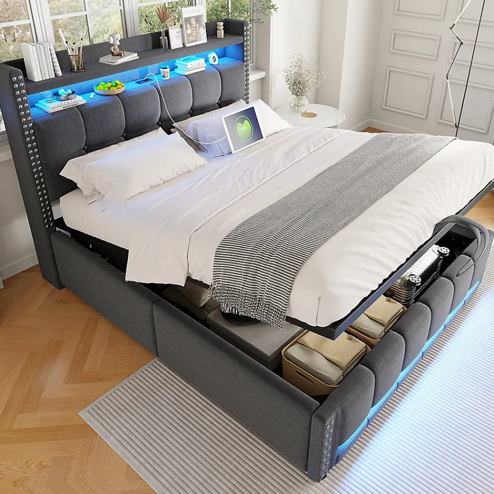 Lit coffre 140x200 cm - Lit double en tissu gris avec LED multicolores et rangement hydraulique - Sans matelas>Okwish Best