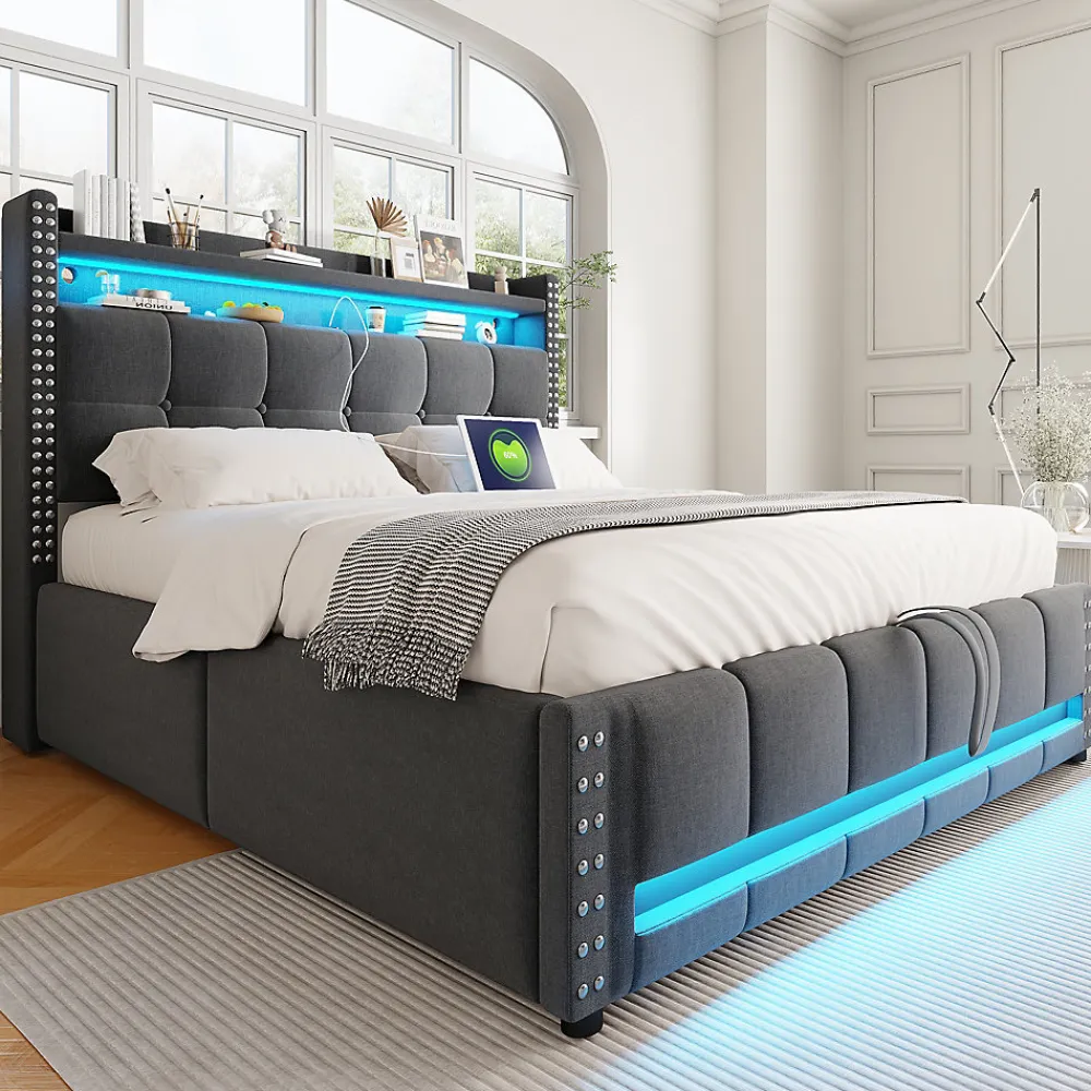 Lit coffre 140x200 cm - Lit double en tissu gris avec LED multicolores et rangement hydraulique - Sans matelas>Okwish Best