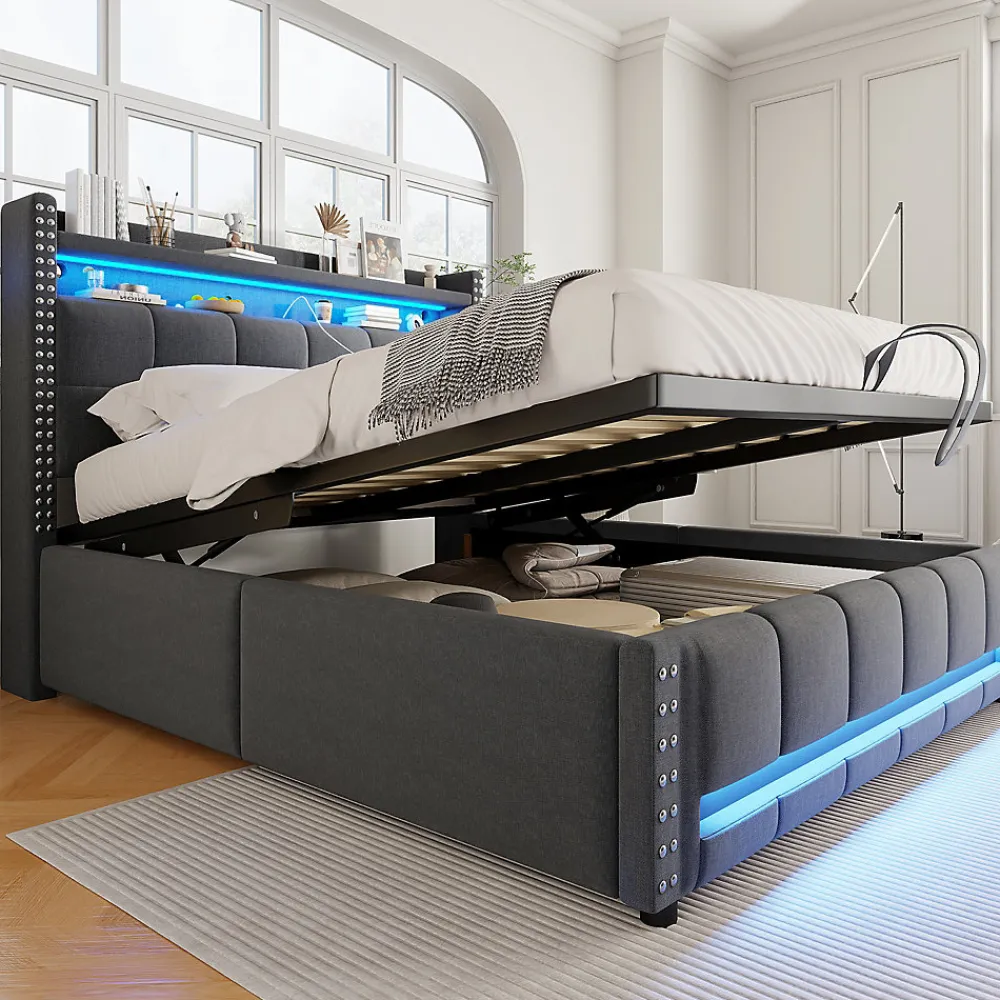 Lit coffre 140x200 cm - Lit double en tissu gris avec LED multicolores et rangement hydraulique - Sans matelas>Okwish Best