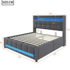 Lit coffre 140x200 cm - Lit double en tissu gris avec LED multicolores et rangement hydraulique - Sans matelas><noscript><img width=