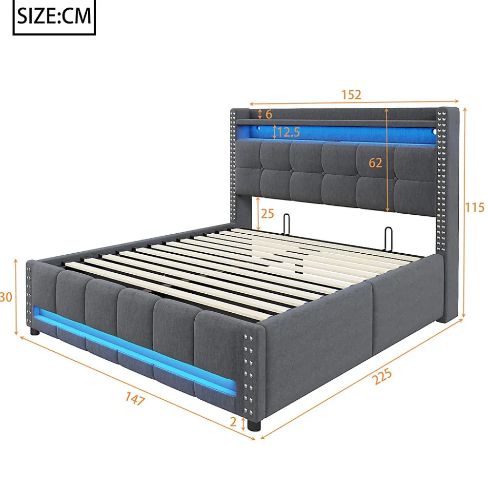 Lit coffre 140x200 cm - Lit double en tissu gris avec LED multicolores et rangement hydraulique - Sans matelas>Okwish Best